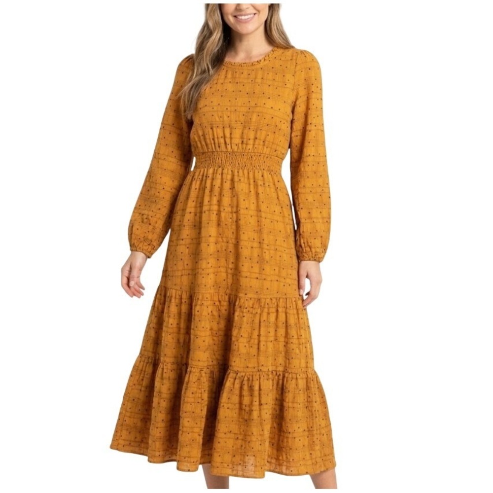 Hayden Los Angeles Dress Womens M Orange Polka Dot Maxi Long Sleeve Tiered Boho